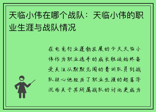 天临小伟在哪个战队：天临小伟的职业生涯与战队情况